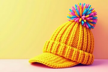 A vibrant yellow knitted beanie with a colorful pom-pom, playfully styled against a pastel background, perfect for winter fashion illustrations and textile designs.