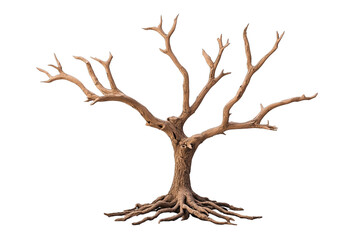 A bare tree with intricate branches and deep roots, symbolizing resilience.
