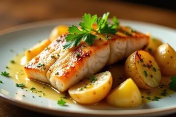 Pan-Seared Fish Fillet with Roasted Potatoes and Herb Sauce, a Delicious and Elegant Dish