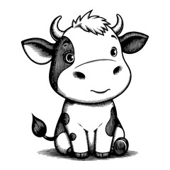 Adorable Chibi Cow Cartoon Sitting Down Detailed Black and White Outline Line Art Drawing