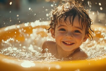 Fototapeta premium Joyful child plays in bright yellow inflatable pool splashing water on a sunny day with sparkling droplets around him