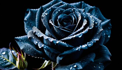 A Midnight Blue Rose, Glistening With Dew, Unfolds Its Velvety Petals In The Dark, A Symbol Of Mystery And Quiet Elegance Against A Stark Black Background