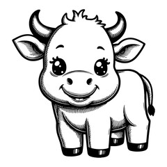 Adorable Chibi Cow Cartoon Smiling Front View Detailed Black and White Outline Line Art Drawing