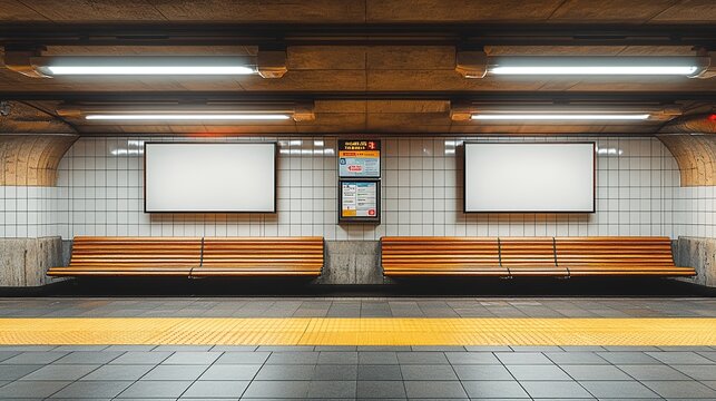 A subterranean platform features tiled walls, wooden benches, and blank displays, creating an urban scene for commuters.