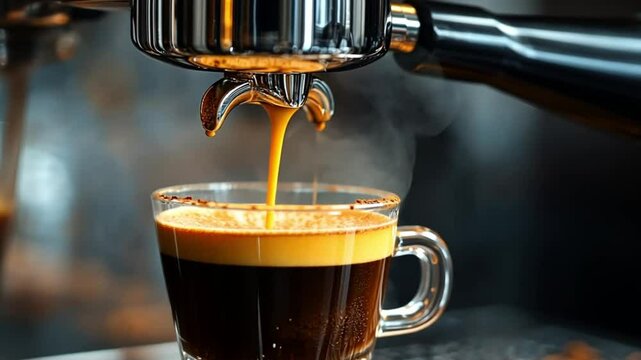 Espresso pouring into glass cup, steam rising, cafe background, close-up, beverage preparation