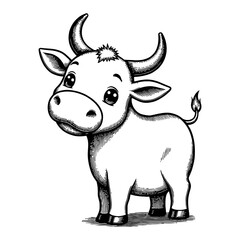 Cute Chibi Cartoon Cow Standing Upright with Detailed Black and White Outline Line Art Drawing