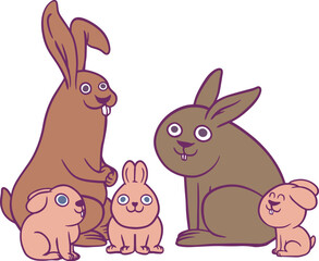 Cartoon rabbits family with father, mother and three children in flat funny style. Set of cute creative characters animals. Vector illustration pets.