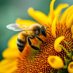 Close-up of a pollen-covered bee collecting nectar from a vibrant yellow sunflower, capturing the finest details of its tiny hairs and delicate wings