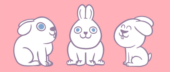 Cute white little rabbits. Set of characters bunnies in cartoon funny flat style. Vector illustration of animals.
