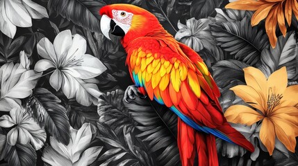 Obraz premium Vividly hued parrot with striking red, yellow, and blue feathers perches before a chic black-and-white floral backdrop. Its head leans left as it gazes rightward