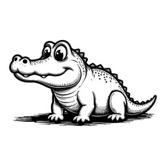 Cute Chibi Cartoon Crocodile Smiling Adorable Detailed Black and White Outline Line Art Drawing