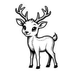 Cute Chibi Cartoon Deer with Big Eyes Standing Detailed Black and White Outline Line Art Drawing