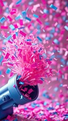 Confetti cannon exploding with pink and blue paper fragments, decorations, colorful, confetti