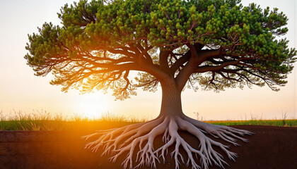 Ancient tree showcasing strength and deep roots at sunset, growth symbolism