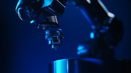 Against a deep blue background, a sophisticated robotic arm is assembling complex parts with unmatched accuracy and elegant movements.