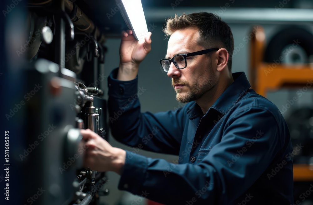 Poster a technician inspects complex machinery using a bright light for visibility in a workshop. the focus