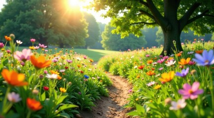 Obraz premium Serene Path Through a Vibrant Meadow of Blossoming Flowers Bathed in Golden Sunlight