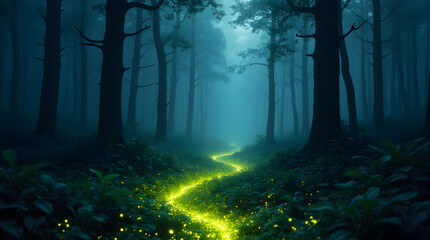 Mysterious Glowing Path Foggy Dark Night Forest