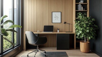Modern home office with wood paneling, natural light, and plants