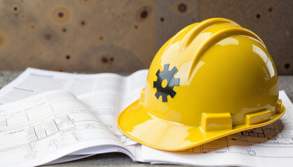 Yellow hard hat on blueprints at workbench, construction symbolism