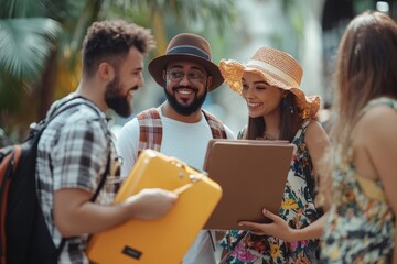 Happy Diverse Travelers Group Sharing Map Smiling Outdoors Summer fun trip young people joyful adults friends