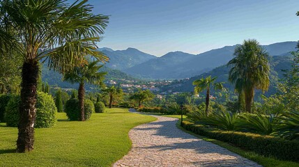 Serene Landscape View of Mountains and Palm Trees Under Clear Blue Sky