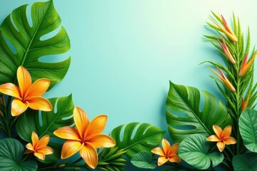 Fototapeta premium Vibrant Tropical Flowers and Lush Green Leaves Arranged on a Serene Aqua Background, Perfect for Summer Designs and Festive Celebrations