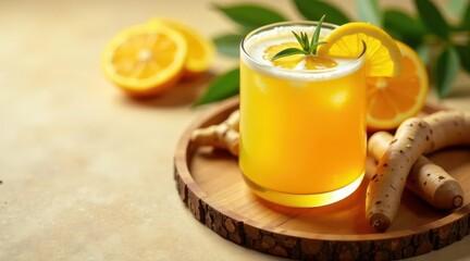 Refreshing citrus beverage with ginger and ice in a glass on a wooden tray