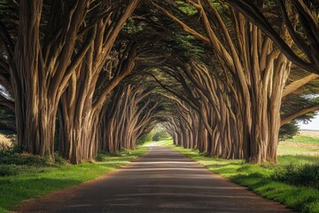 An enchanting avenue of tall trees, their branches intertwining to create a natural canopy overhead.