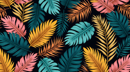 Vibrant Tropical Palm Leaves Vector Pattern Background | Colorful Foliage Illustration