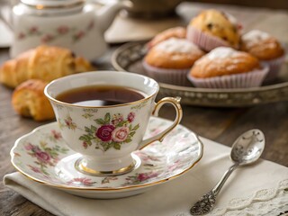 Fototapeta premium Elegant teacup, pastries, and teapot on a rustic wooden table.
