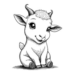 Cute Chibi Cartoon Goat Sitting Portrait with Big Eyes in Detailed Black and White Outline Line Art Drawing