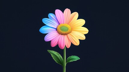 Colorful daisy flower with rainbow petals on dark background.