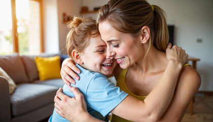 Mother and Child Embracing Joyfully indoors for World Down Syndrome Day