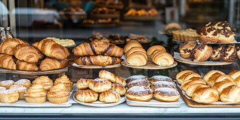 Charming bakery window showcasing a tempting array of freshly baked pastries and treats.