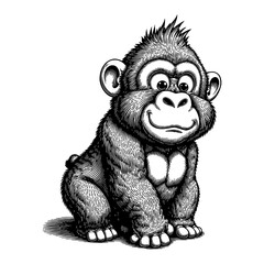 Obraz premium Cute Chibi Cartoon Gorilla Sitting Front View Detailed Black and White Outline Line Art Drawing