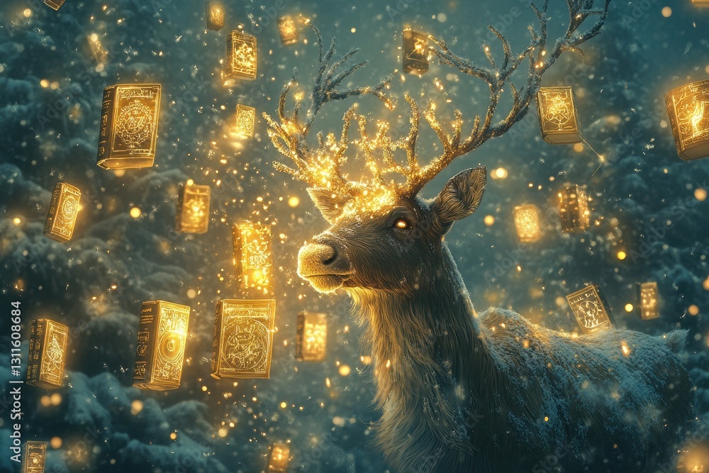 Poster majestic deer surrounded by glowing lanterns in an enchanted forest during a serene winter evening w
