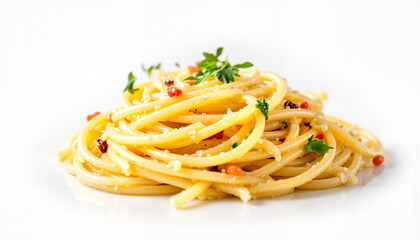 Elegant four cheese pasta showcasing creamy textures on white background, culinary delight
