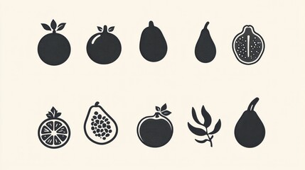 Collection of fruit silhouettes, various types, graphic design, for a product catalog or branding use