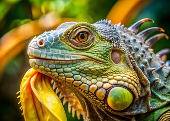 Fototapeta premium Surreal Close-up: Iguana Devouring Banana - Vibrant Tropical Fantasy
