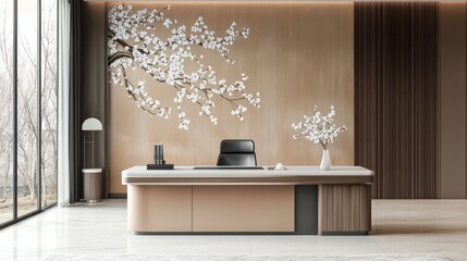 Modern office, cherry blossom wall, desk, calm