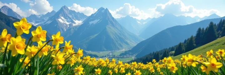 Delicate daffodil blooms against serene mountain peaks, colors, landscape