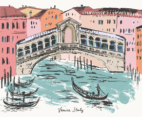 Hand drawn Venice Rialto bridge architecture panorama urban sketch. Colored black ink landscape line drawing of Italy ancient city.