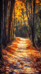 Obraz premium Serene Autumn Forest Trail with Golden Foliage and Sunlit Canopy Inviting Tranquil Nature Walk
