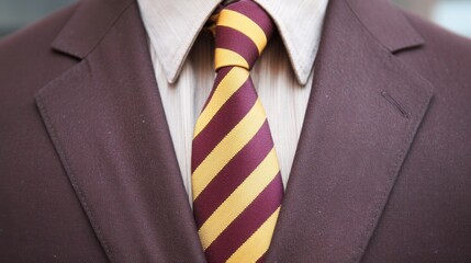A deep brown shirt with a maroon and gold diagonally striped tie.