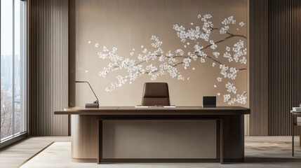 Modern office, city view, wood desk, blossom art