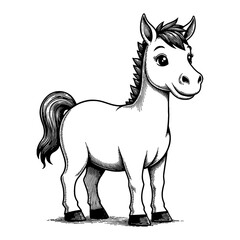 Adorable Cute Chibi Cartoon Horse Detailed Black and White Outline Line Art Drawing Illustration