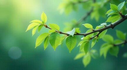 A Vibrant Branch of Springtime Leaves Illuminated by Gentle Sunlight, Displaying the Delicate Beauty of Nature's Renewal