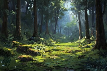 Obraz premium A sunlit forest scene with trees and grassy pathway