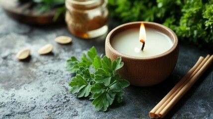 Homemade Citronella Wax Candle for Mosquito Repellant. White Therapeutic Scented Remedy with Citronella Plant Sprig